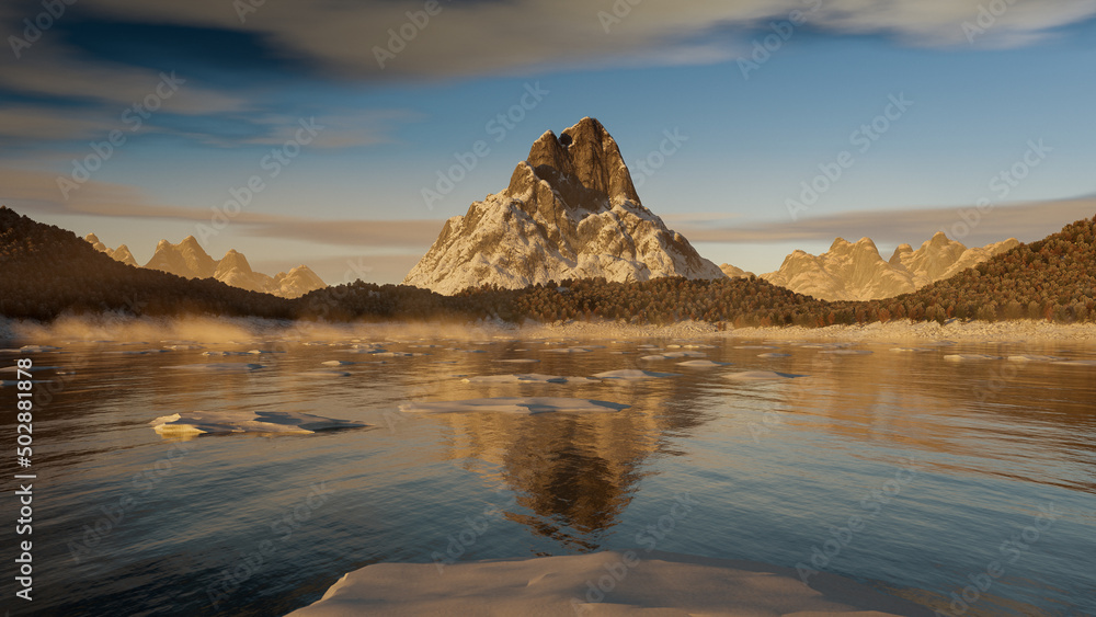 Winter landscape with big mountain, ice lake and reflection - 3D-Illustration