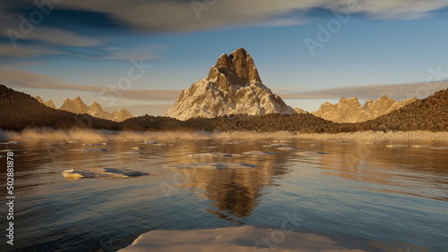Winter landscape with big mountain, ice lake and reflection - 3D-Illustration