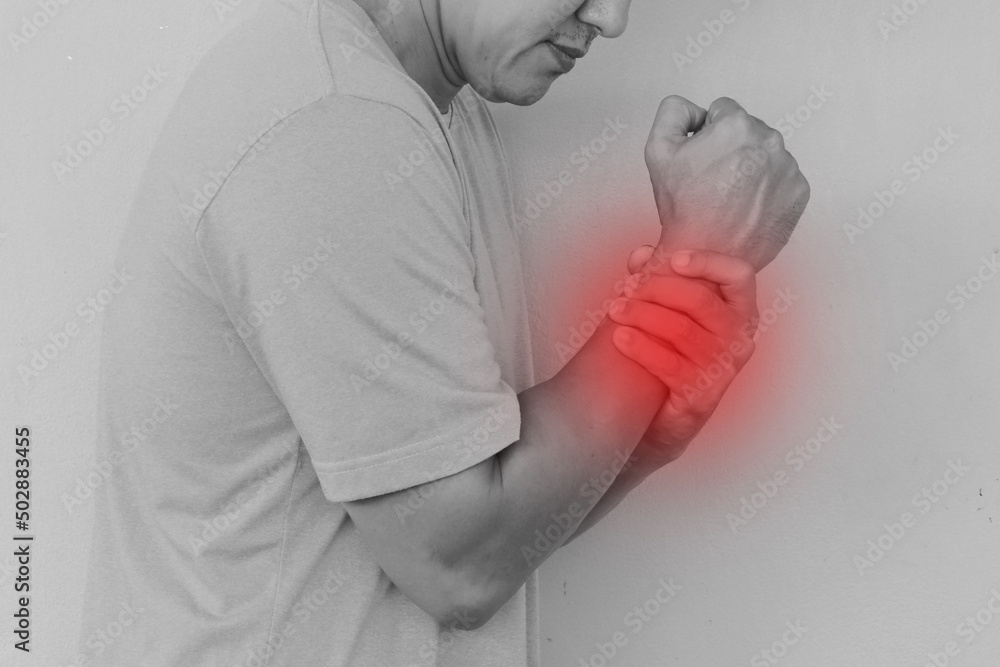 Wist arm pain injury mark red color black and white color, broken bone human injury hand. Health and care concept Wist arm pain injury mark red color black and white color, broken bone human injury hand. Health and care concept