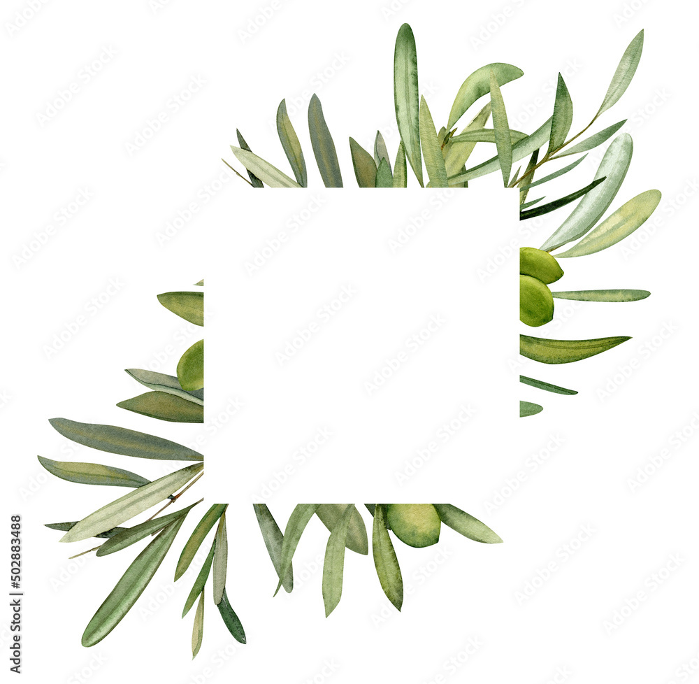 Watercolor hand drawn frame with olive leaf and olives. Stock ...