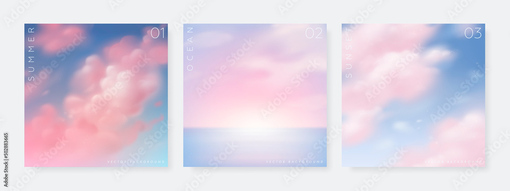 Set of vector landscape background. Beautiful illustration of summer beach, sky and clouds. Summer holidays poster or banner design template