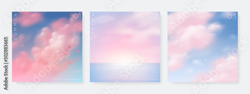 Set of vector landscape background. Beautiful illustration of summer beach, sky and clouds. Summer holidays poster or banner design template