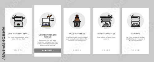 Fondue Cooking Delicious Meal Onboarding Mobile App Page Screen Vector. Cheese And Chocolate Tasty Dish Prepared In Warmer Kitchen Appliance Electronic Equipment. Preparing Raclette Food Illustrations