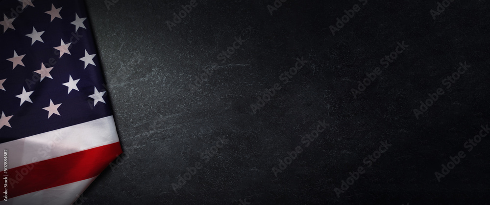 Fototapeta premium flag of USA on marble background, panoramic layout image