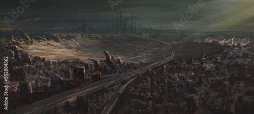 Photos City destroyed by nuclear bomb, 3D illustration.