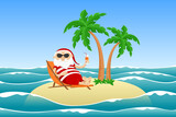 Santa resting on desert island in chaise longue and drinking juice. Vector illustration.