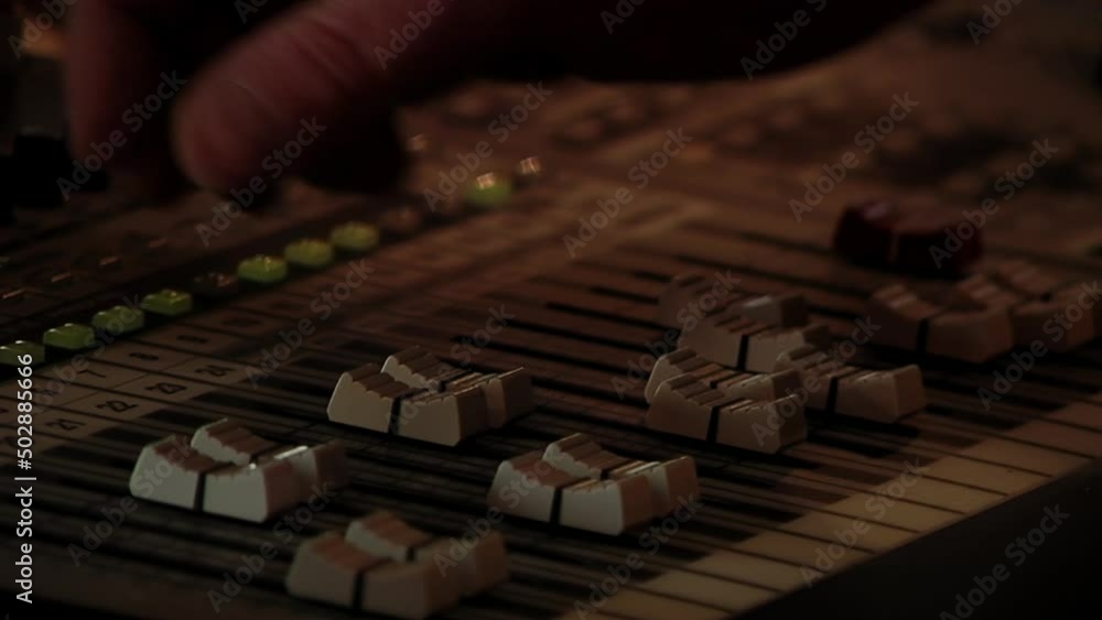 Audio Equipment, Mixing Console, Audio Sound Mixer Console, Sound Mixing Desk. Close Up. Audio Equipment, Mixing Console, Audio Sound Mixer Console, Sound Mixing Desk. Close Up.