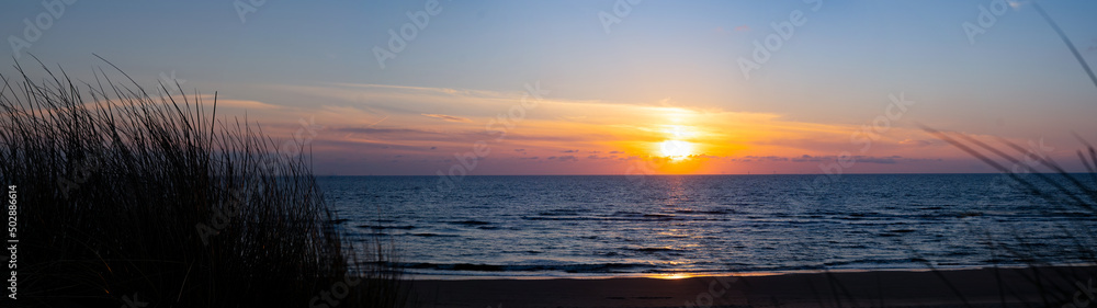 Panoramic landscape background banner panorama of sunset or sunrise and grass of the dune on the North Sea