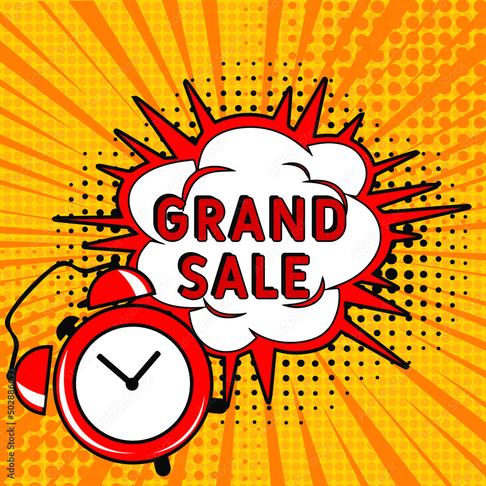 Grand sale. Comic book explosion with text - Grand sale. Vector bright cartoon illustration in retro pop art style. Can be used for business, marketing and advertising. Banner flyer pop art Grand sale. Comic book explosion with text - Grand sale. Vector bright cartoon illustration in retro pop art style. Can be used for business, marketing and advertising. Banner flyer pop art
