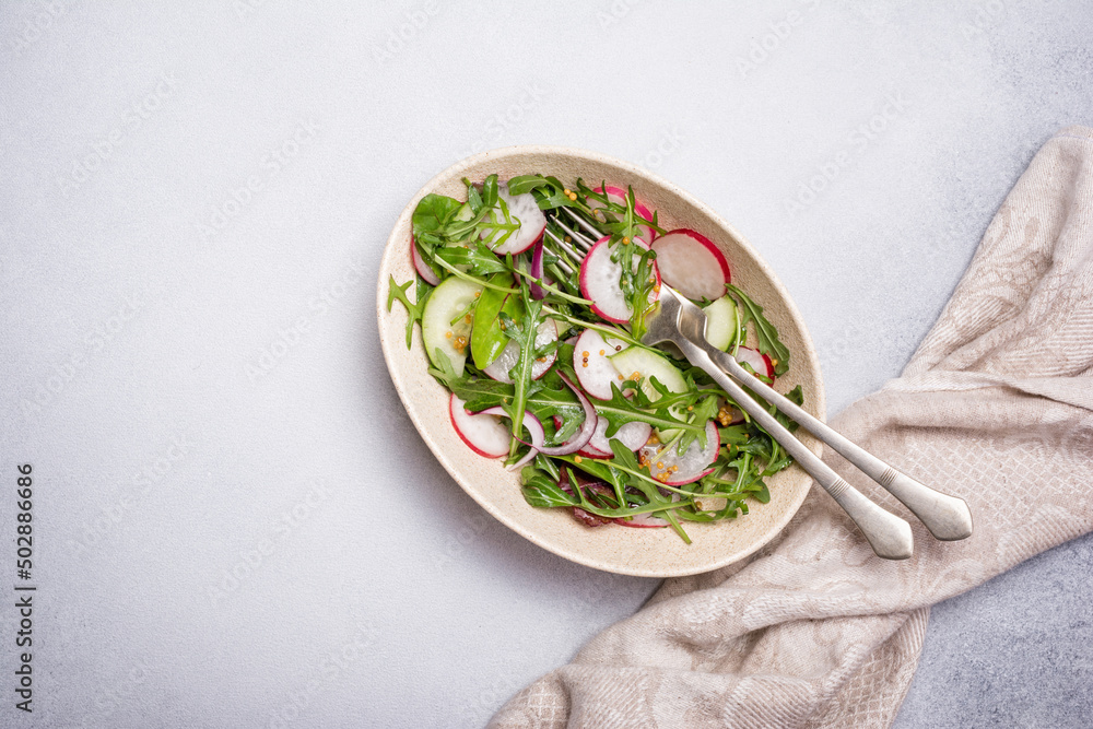 Healthy vegetarian salad with fresh radish, cucumber, onion and mix of green leaves Healthy vegetarian salad with fresh radish, cucumber, onion and mix of green leaves