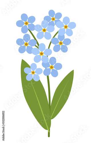 Forget me not twig with blue flowers, stem and green leaves. Memory symbol. Vector illustration isolated on white background.