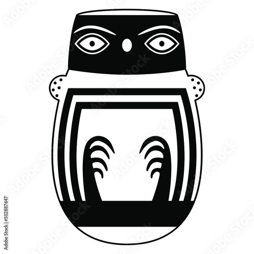 Stylized owl bird in egg shape. Ancient Peruvian animal design. Native American art. Nazca pottery. Black and white silhouette.