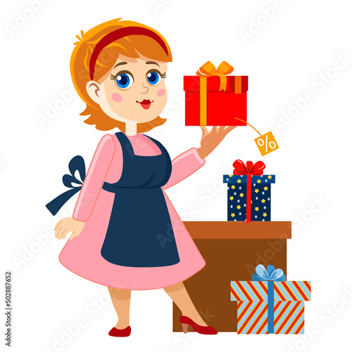 Gift box seller, discounts. Saleswoman, packing master. Cartoon vector illustration