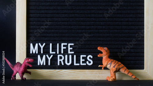 Tela The inscription: My life my rules on a black felt board next to toy dinosaurs