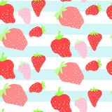 Hand drawn cute doodle strawberry blue white seamless  pattern. Red berry paper, summer texture, food textile, children wallpaper.