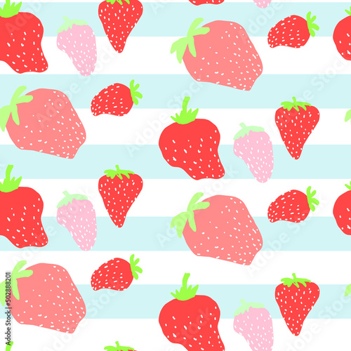 Fototapeta Naklejka Na Ścianę i Meble -  Hand drawn cute doodle strawberry blue white seamless  pattern. Red berry paper, summer texture, food textile, children wallpaper.