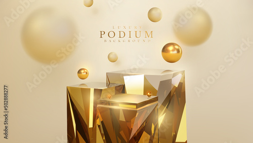 Product display podium and golden ball element with blur effect decoration and glitter light.