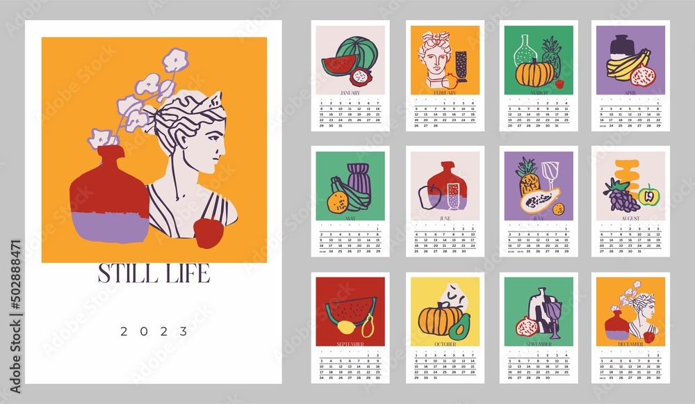 Wall vertical calendar for 2023, week starts on Sunday. Template A4 calendar set of month with abstract modern art print, still life, vases, fruits. Contemporary scenery posters. Vector illustration