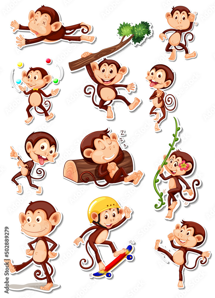 Sticker set of funny monkey cartoon characters Sticker set of funny monkey cartoon characters