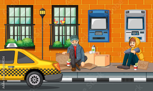 Outdoor scene with homeless people