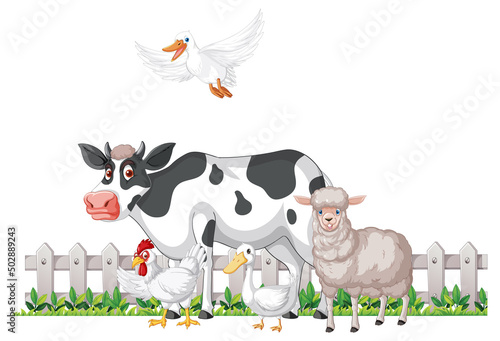 Many farm animals on white background