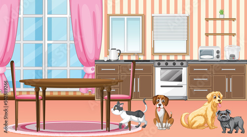 Set of different domestic animals in kitchen
