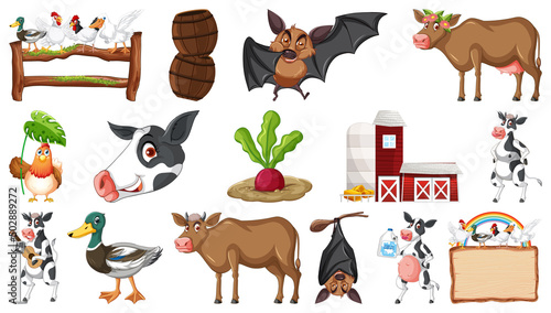 Farm animals set on white background