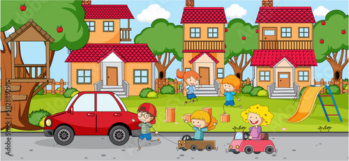 Outdoor scene with doodle house cartoon © GraphicsRF