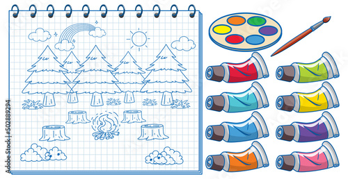 A notebook with a doodle sketch design and watercolour