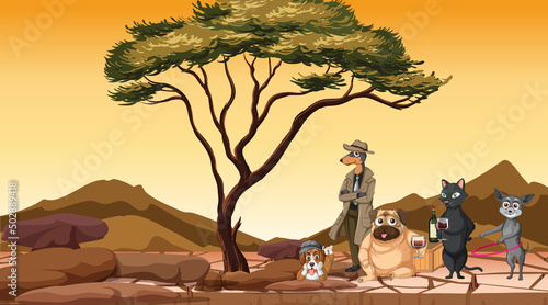 Set of different domestic animals in savanna field at sunset