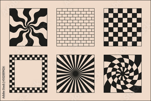 Vector set of minimalist brutalist design elements, futuristic shapes and geometric figures, square frames with texture