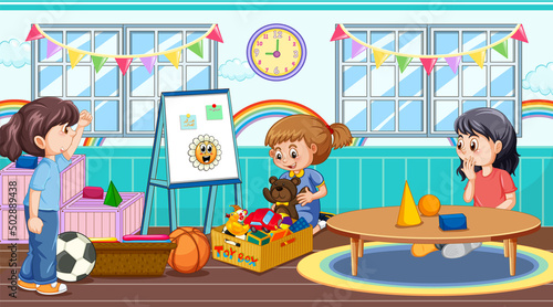 Kindergarten classroom scene with children