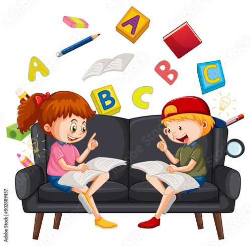 Children reading books on white background