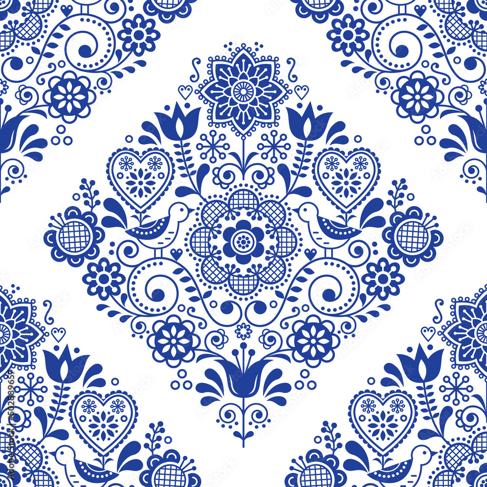 Scandinavian seamless folk art vector pattern with birds and flowers, cute Nordic navy blue repetitive floral design - textile or fabric print decor
 - obrazy, fototapety, plakaty 