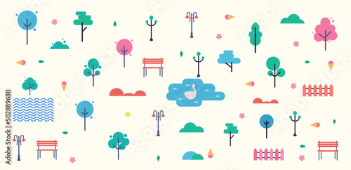 Abstract city park isolated on white background vector illustration with small lake and swan, different decorative fences and lights, cute bunches set