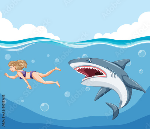 A woman escaping from aggressive shark in the water