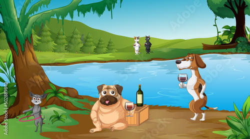 Outdoor park scene with many dogs