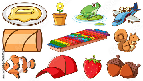 Cute animals and other items on white background