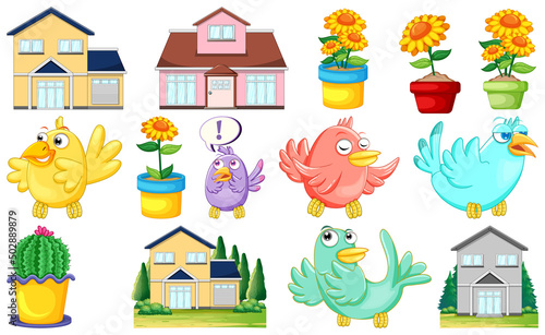 Different house designs and cute birds