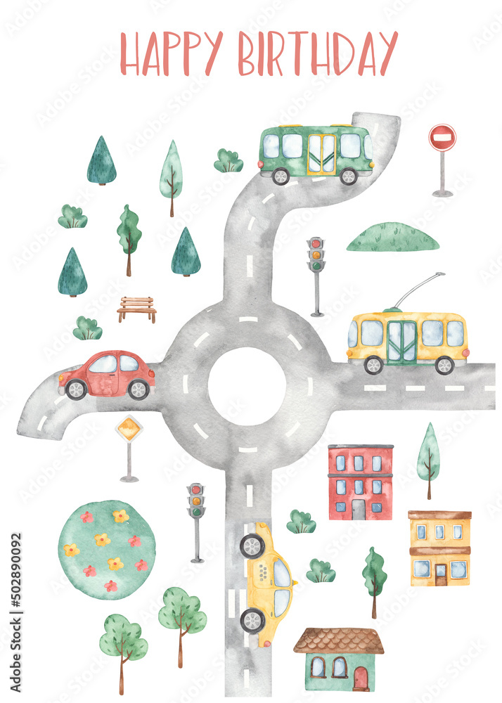 Watercolor card City transport with car, house, road, traffic light, trees, road signs, happy birthday boy