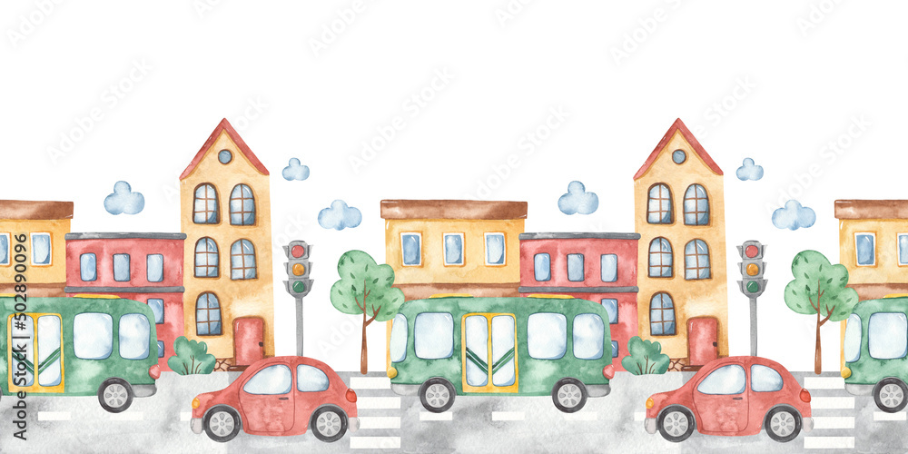 Watercolor seamless border with city traffic, city street, road, bus, car, houses, trees, traffic light