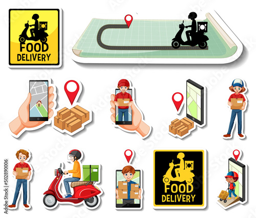 Sticker set of delivery objects and cartoon characters