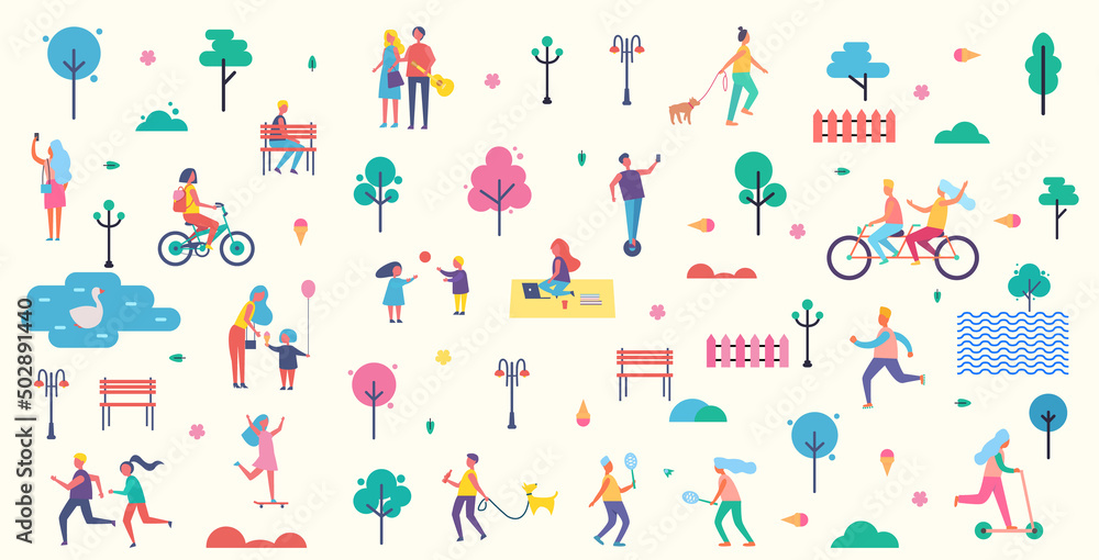 People in park icons collection, trees and benches lantern illuminating light, couples having fun walking together, playing tennis vector illustration