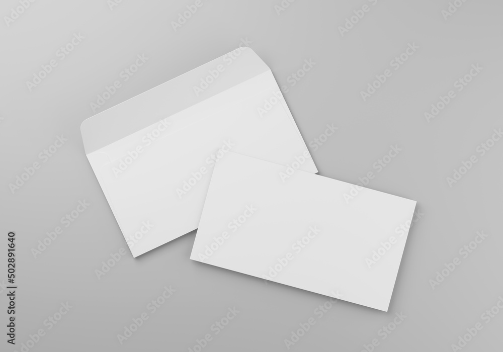 Blank white paper envelope mockup on grey background, 3D rendering Blank white paper envelope mockup on grey background, 3D rendering