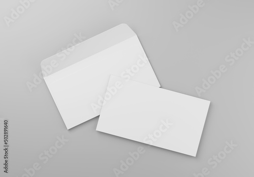 Blank white paper envelope mockup on grey background, 3D rendering
