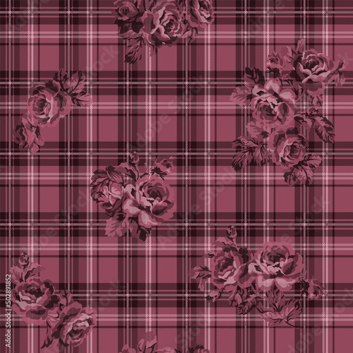 Abstract roses flowers with tartan plaid background vintage vector seamless pattern