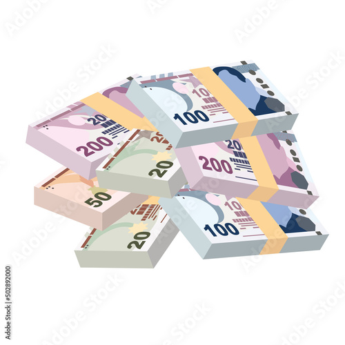 Turkish Lira Vector Illustration. Turkey money set bundle banknotes. Paper money 200, 100, 50, 20 TRY. Flat style. Isolated on white background. Simple minimal design.