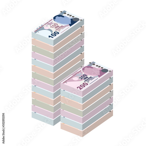 Turkish Lira Vector Illustration. Turkey money set bundle banknotes. Paper money 200, 100, 50, 20 TRY. Flat style. Isolated on white background. Simple minimal design.