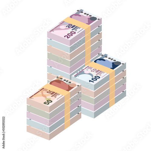 Turkish Lira Vector Illustration. Turkey money set bundle banknotes. Paper money 200, 100, 50, 20 TRY. Flat style. Isolated on white background. Simple minimal design.
