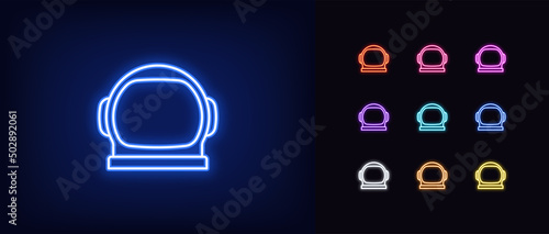 Outline neon astronaut helmet icon. Glowing neon Spaceman helmet silhouette, cosmonaut head pictogram